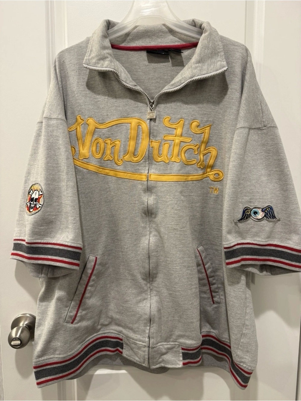 RARE Y2K Von Dutch MC92 Grey Zip-Up Jacket with Yellow Cursive Logo